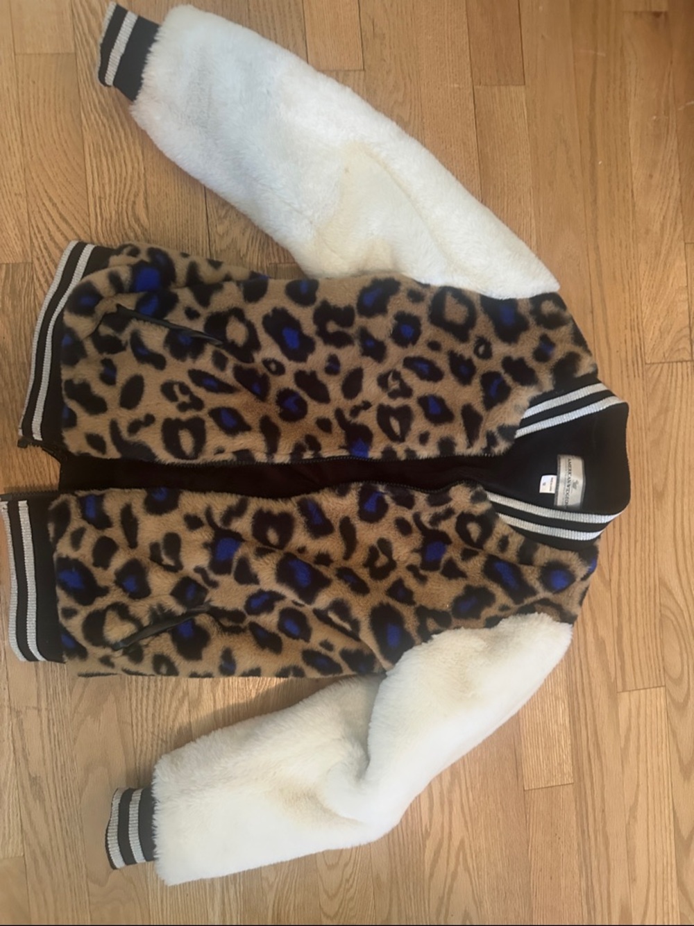 Girls' Leopard Faux Fur Bomber Jacket with Cream Sleeves